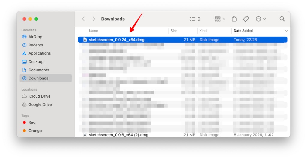 Downloads folder with SketchScreen DMG selected