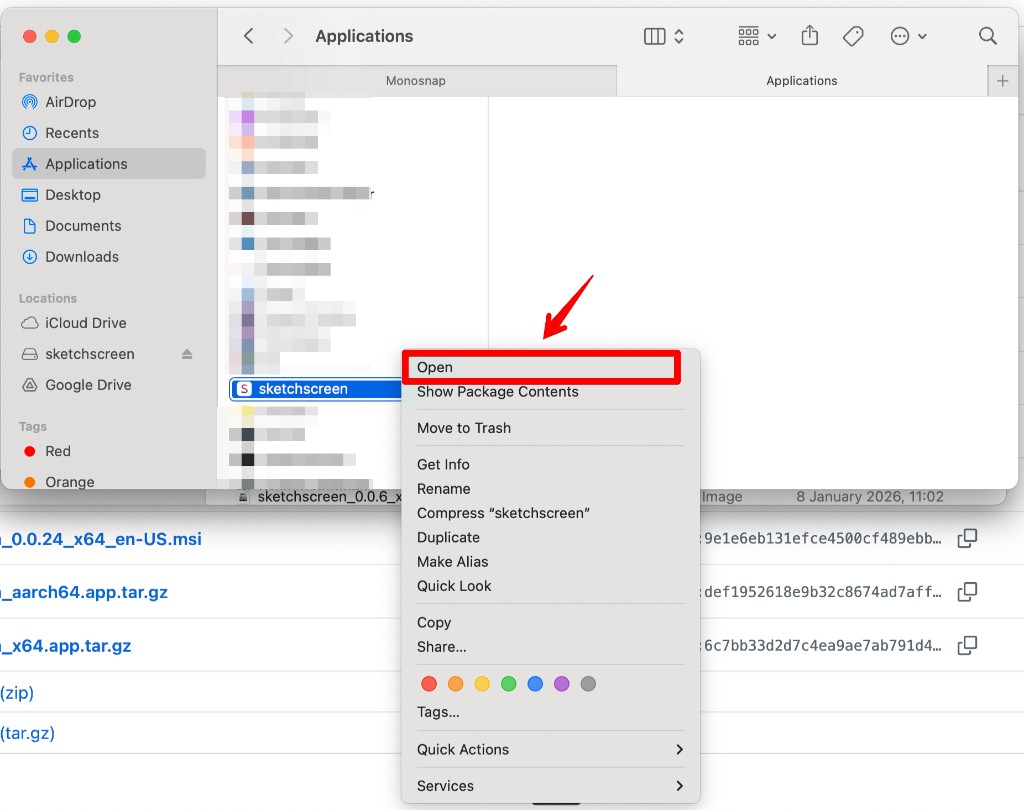 Context menu with Open option for SketchScreen