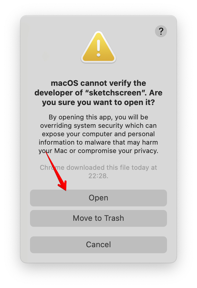 macOS security dialog with Open button