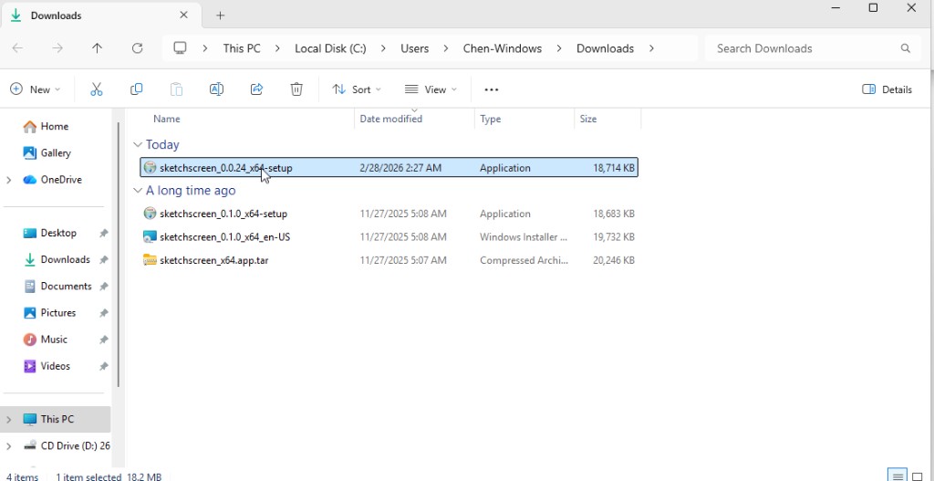 Windows Downloads folder with SketchScreen installer selected