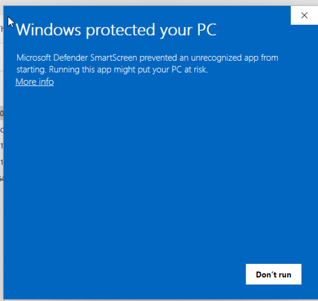 Windows SmartScreen prompt with Run anyway button