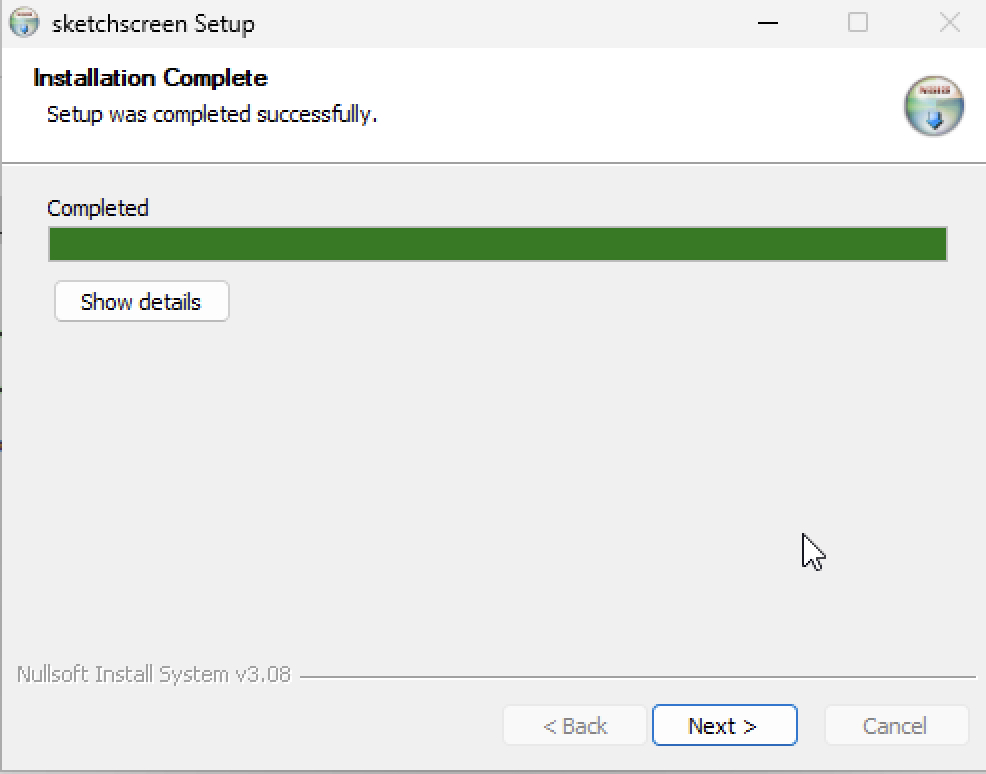SketchScreen installer completion progress screen